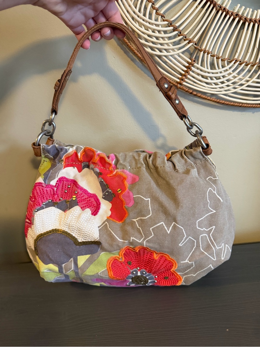 Fossil Vintage Y2K Floral Appliqué Canvas Shoulder Bag in Brown and Multicolor - Picture 4 of 14